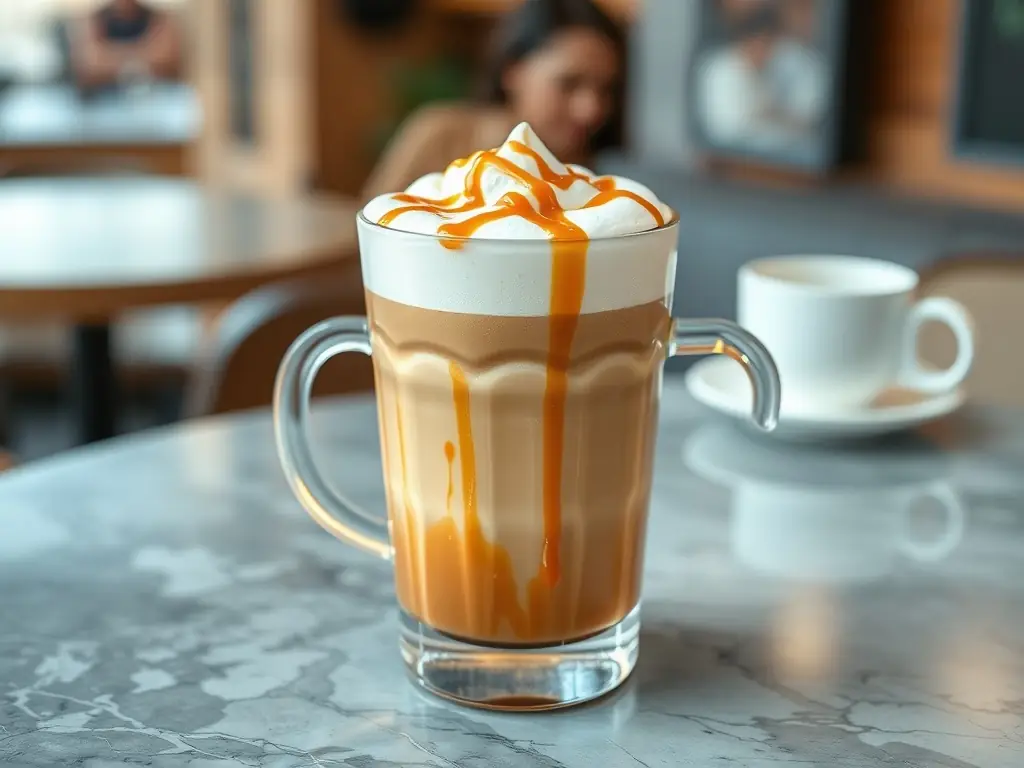 A detailed image of Dolce Gusto Latte Macchiato Capsules, highlighting the layered coffee beverage with rich espresso and velvety milk foam, placed next to a Dolce Gusto machine.
