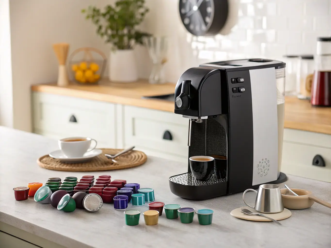 A close-up of Lavazza A Modo Mio Intensity Capsules, showcasing their sleek, dark design and gold accents, positioned next to a steaming espresso shot in a small cup.